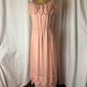 Vintage Dan Lee Couture Peach 2 Pc Maxi Dress Lace Neckline And Hem Sz S